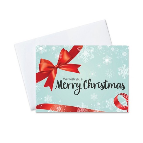 Red Ribbon Tree Front Imprint Christmas Cards