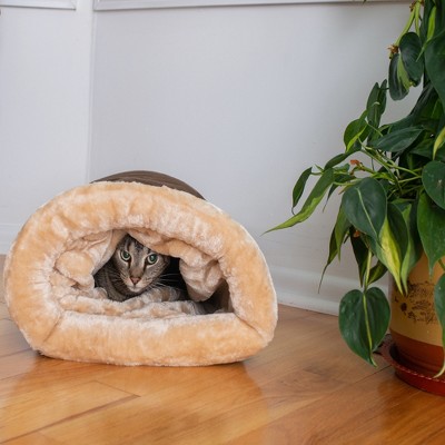 Mocha and Beige Faux Fur Cat Tunnel Bed