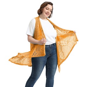 Anna-Kaci Women's Plus Size Boho Open Front Crochet Cover Up Sleeveless Shawl Cardigan Vest - 1 of 4