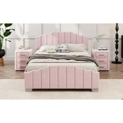 Okak Queen Platform Bed Frame with 2 Nightstands Velvet Upholstered Bed with Vertical Channel Tufted Headboard No Springs Required, Pink