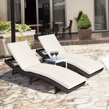Costway 2PCS Patio Rattan Folding Lounge Chair Chaise Adjustable White\Turquoise Cushion