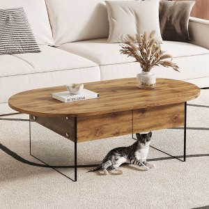 CAVINAS Natural Oval Double Drawer Coffee Table,43.3"x23.6" Table with Tempered Glass Legs,MDF Wood Grain Desktop,Center Table for Living Room - 1 of 4