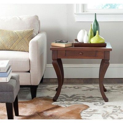 Brown Fir Wood Rectangular Side Table with Storage Drawer
