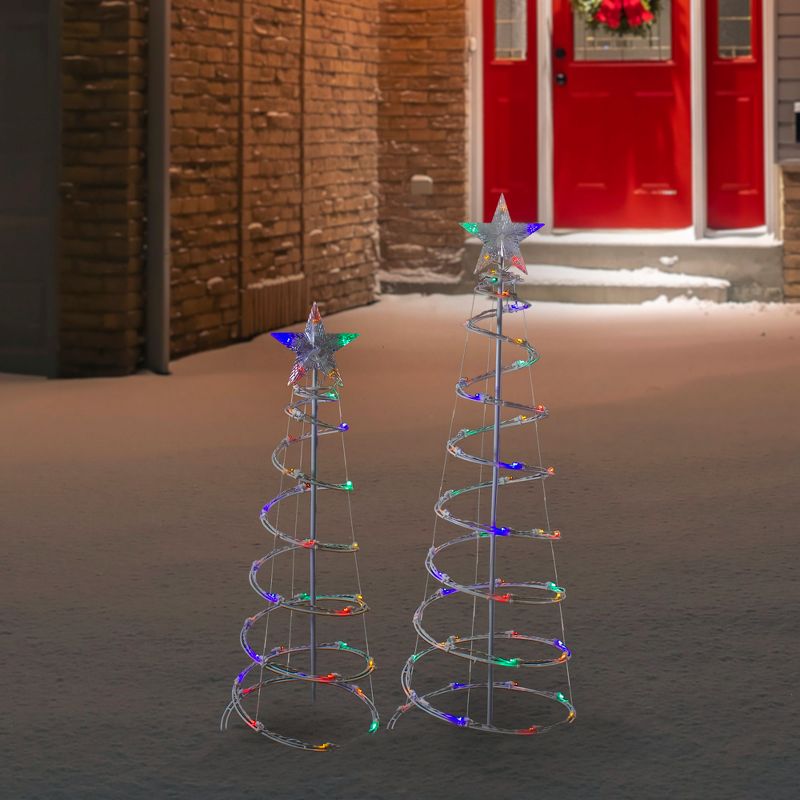 Northlight Set of 2 LED Lighted Multi-Color Outdoor Spiral Christmas Cone Trees 3', 4', 2 of 5