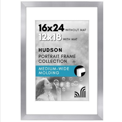 Americanflat 16x24 Poster Frame with Polished Plexiglass - Use as 12x18 Frame with Mat or 16x24 Frame Without Mat - Hudson Collection - Silver