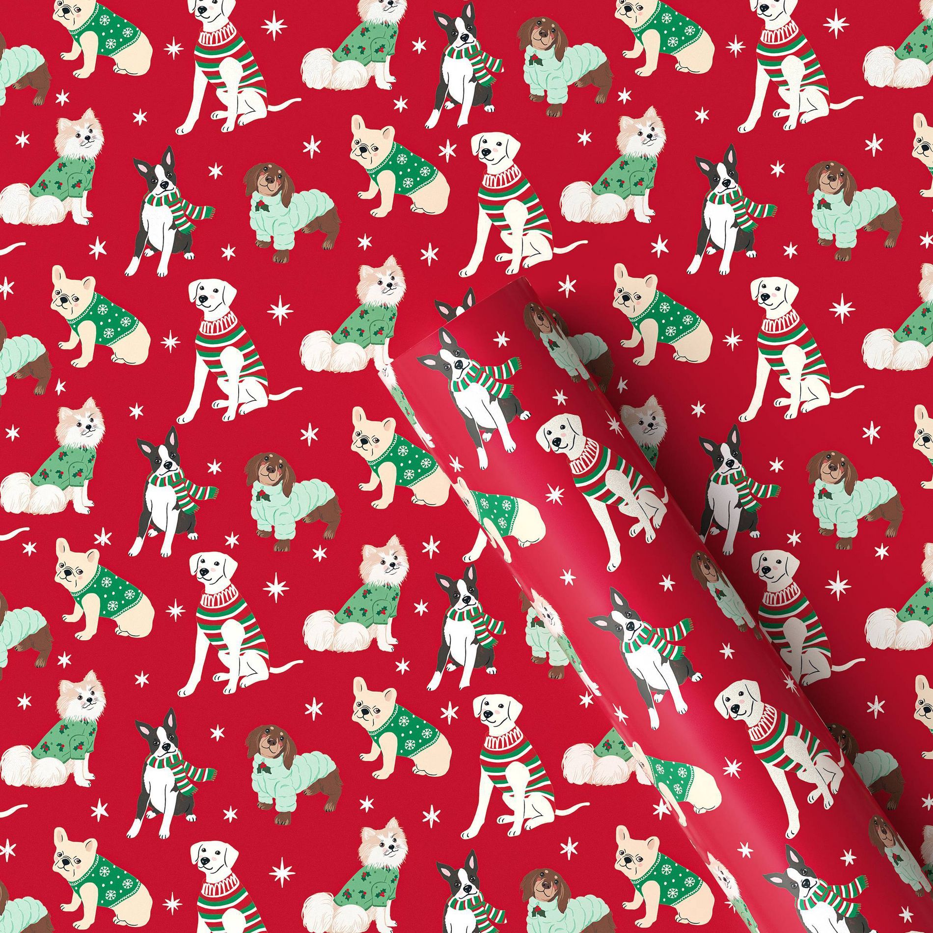 30" 50 sq ft Christmas Gift Wrapping Paper Dogs in Sweaters on Red - Wondershop™
