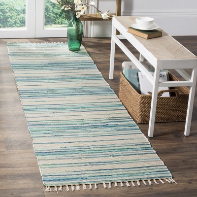 Ivory and Green Striped Flat-Woven Wool Cotton Runner Rug