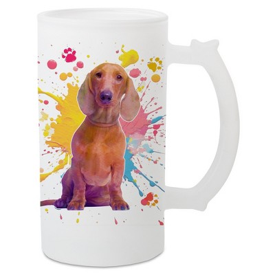100 North Freezable Beer Stein Mug With Thumb Grip Handle, 16 Ounce Frosted Glass, Dachshund Dog Paint Splatter