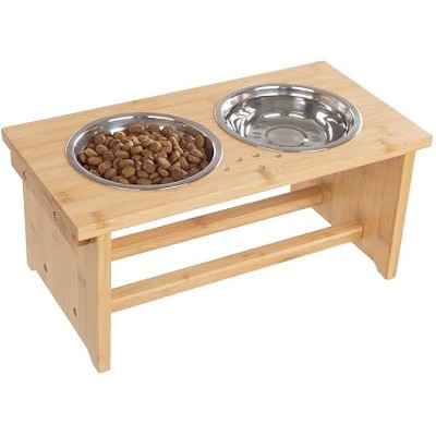 Elevated Dog Bowls with Stand - 7-Inch Nonslip Bamboo Dog Feeder with 2 Stainless-Steel Pet Bowls - Hold 20oz Each and Dishwasher Safe by PETMAKER