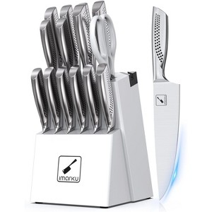 imarku, Japanese HC Stainless Steel 15 PCS Kitchen Knife Set With Block With Built-in Sharpener, Knife Block Set With Dotted Ergomomic Handle, White - 1 of 4
