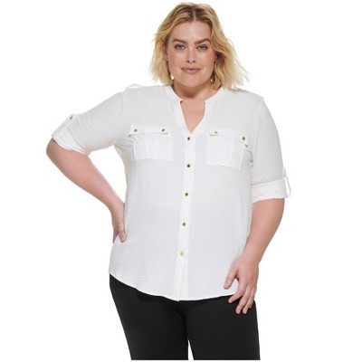 Calvin Klein Womens Textured Roll Tab Button Up Shirt, White, 2X