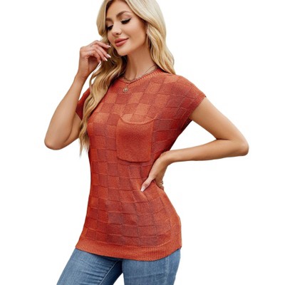 Cap Sleeve Chessboard Sweater with Crew Neck Lightweight Soft Knit Tops with Chest Pocket Summer Casual Tops for Women