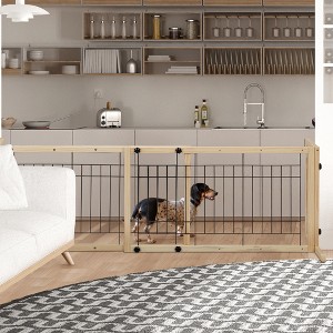 DOMETOUR Wood Freestanding Pet Gate 38"-71" Length Adjustable Dog Gate Safety Fence for Stairs Doorways, Natural - 1 of 4