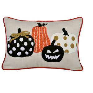 Gulches Pumpkin Embroidered Halloween Throw Pillow ¨C Spooky Polka Dot Linen Cushion for Fireplace Decor with Bat Accents - 1 of 4