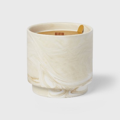 15oz Marble Print Ceramic Wooden Wick Oud Wood and Amber Jar Candle - Threshold™