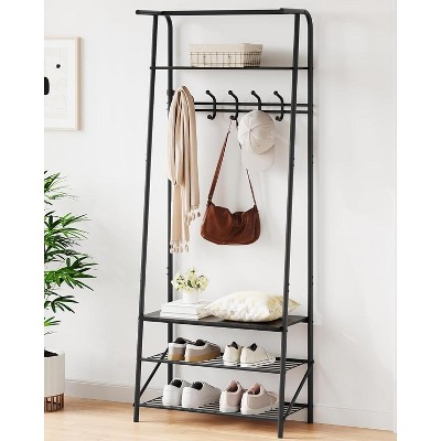 Hall Tree With Shoe Storage Bench, 4-In-1, Steel Frame With 5 Hooks for Entryway, Freestanding Coat Rack Stand for Living Room, Bedroom