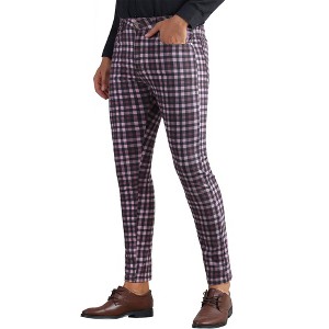 Lars Amadeus Men's Flat Front Stretch Slim Fit Color Block Gingham Plaid Checked Trousers Dress Pants - 1 of 4