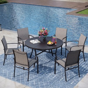 Captiva Designs 7pc Black Round Slatted Steel Table with Umbrella Hole & Textilene Chairs - 1 of 4