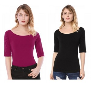 Allegra K Women's Half Sleeves Scoop Neck Fitted Layering Soft T-Shirt 2 Packs - 1 of 4