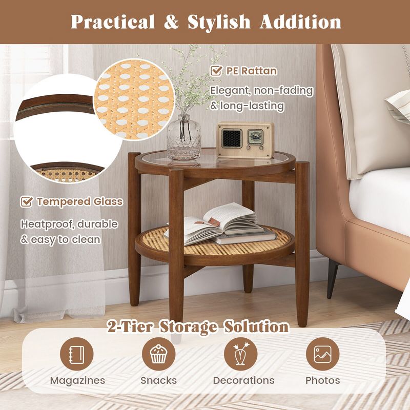 Tangkula 2 PCS 2-Tier Round Side End Table PE Rattan Nightstand Tempered Glass Tabletop, 5 of 10