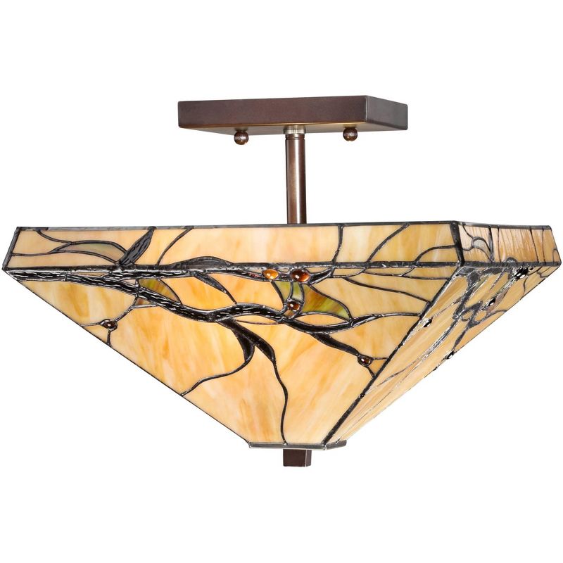 Robert Louis Tiffany Mission Rustic Ceiling Light Semi Flush Mount Fixture 14" Wide Bronze 2-Light Budding Branch Art Glass Shade for Bedroom Kitchen, 5 of 10