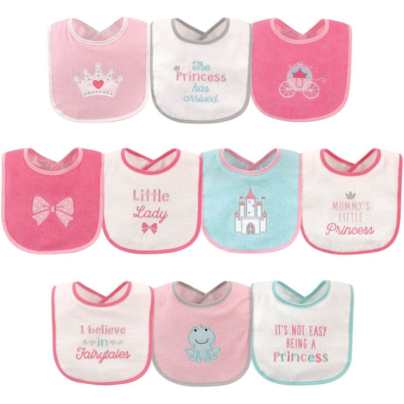 Luvable Friends Baby Girl Cotton Terry Drooler Bibs with PEVA Back 10pk, Princess, One Size, 1 of 3