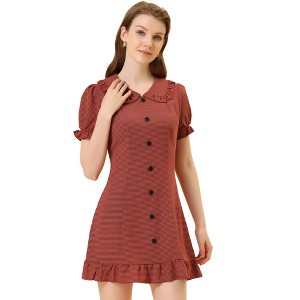 Allegra K Women's Ruffle Peter Pan Collar Casual Button-up Checkered Dress - 1 of 4