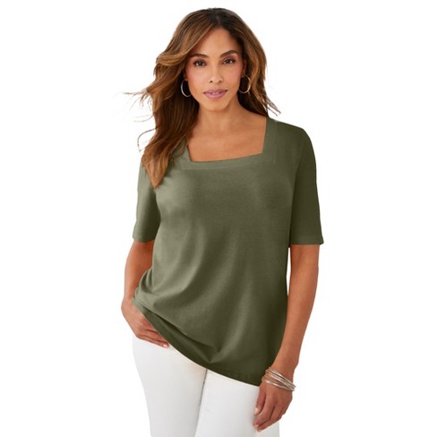 Jessica London Women's Plus Size Stretch Cotton Square Neck Tee - 12, Green