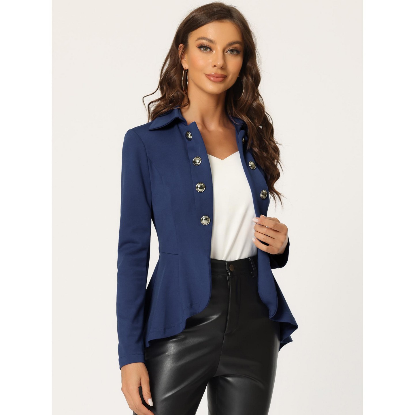 Женская куртка INSPIRE CHIC Open Front Decor Buttons High Low Hem Steampunk Gothic Jacket Large Dark Blue, цвет: Тёмный синий — фото 2