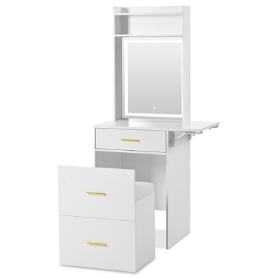 Infurnic Modern Vanity Tables Set with Touch Screen Lighted Mirror, Dressing Table and Cushioned Stool Set with Drawers, White 18.6"*12.3“*60”