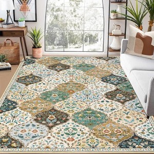 Modern Washable Area Rug, Vintage Distressed Throw Carpet with Non Slip Backing, Low Pile Stain Resistant Floor Cover for Home - 1 of 4