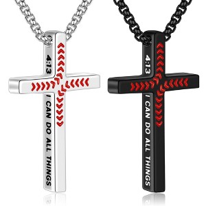 Turandoss 2Pcs Baseball Cross Necklace for Men Boys - Black Silver Stainless Steel Bible Verse Cross Pendant Necklaces, Gifts for Men, Chain 20 inch - 1 of 4