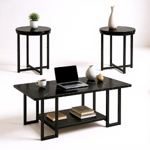 Hooseng 3 PCS Coffee Table Set Rectangle Coffee Table and 2 PCS Round End Tables Metal Frame and Particle Board Tabletop - 1 of 4