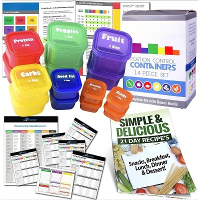 14-PC Portion Control Containers DELUXE Kit with Guides & Recipes, BPA Free