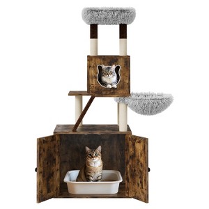 2-in-1 Modern Cat Tree with  Hidden Litter Box Enclosure - Includes Plush Perch, Condo, Hammock, Cave & Scratching Post, Cat Tower - Oak - 1 of 4
