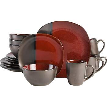 Gibson Elite Volterra 16 Piece Soft Square Stoneware Dinnerware Set in Red and Metallic Gray
