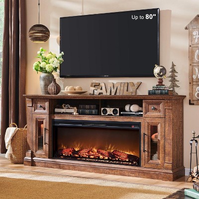 SinCiDo Farmhouse Fireplace TV Stand for 80 Inch TV, 42″ Electric Fireplace Media Cabinet w/ LED lights & drawers & cabinets