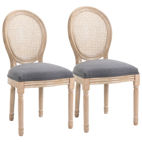 HOMCOM French-Style Upholstered Dining Chair Set, Armless Accent Side  Chairs with Rattan Backrest and Linen-Touch Upholstery, Set of 2, Gray