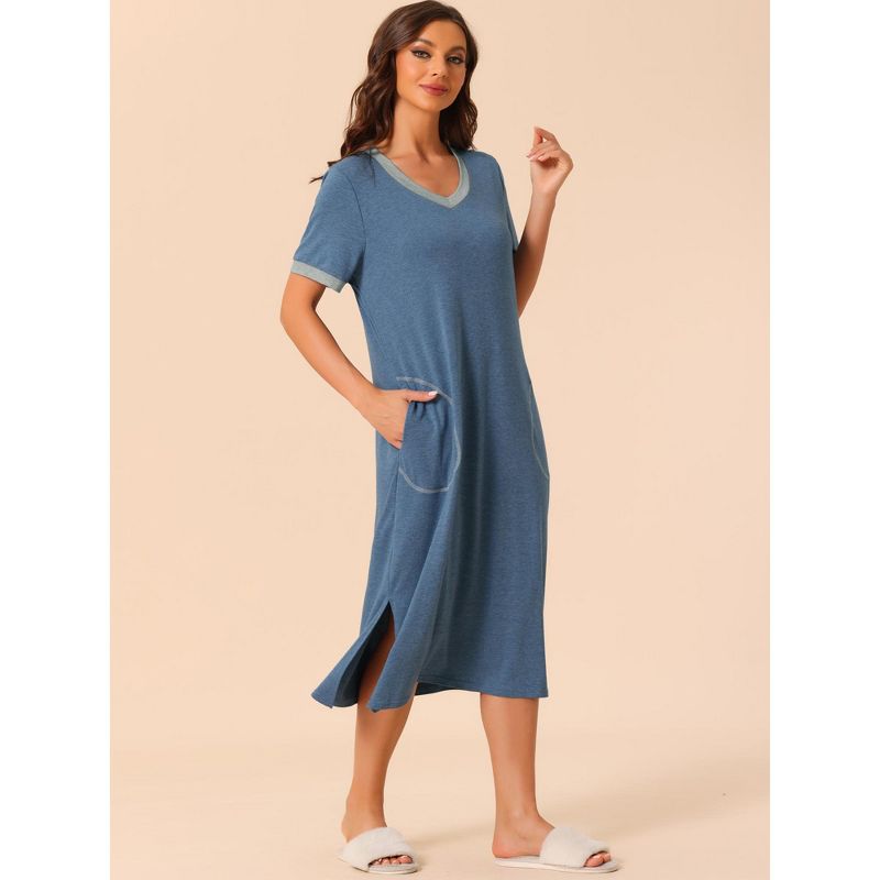 cheibear Women's V Neck Nightshirt Long Basic Slit Nightgown Short Sleeve Sleepshirt with Pockets, 2 of 6