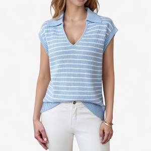 Anna-Kaci Women's Striped Collared Sleeveless Knit Top with Deep V-Neck and Ribbed Hem Detailing - 1 of 4
