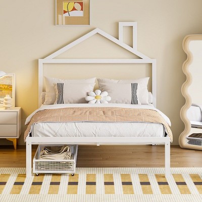 CAVINAS  Platform Bed,Metal Bed Frame with House-Shaped Headboard Design for Bedroom,No Box Spring Needed
