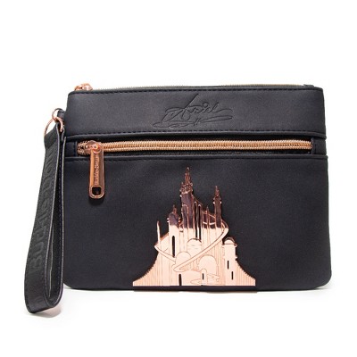 Disney Wallet, Double Pocket Wristlet, Ariel Script Debossed, Castle Emblem Rose Gold, Black, Vegan Leather