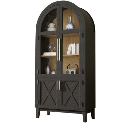 GlasFlength Decorative Storage Cabinets, Tall Arched Cabinet with Storage Door and Shelves for Living Room, Dining Room, Black, 36"*17.5"*74.3"