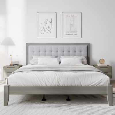 Modern Gray Solid Wood Bed Frame With Upholstered Headboard Queen,King,California King Three Sizes Platform Bed To Choose From-Cuddlewood