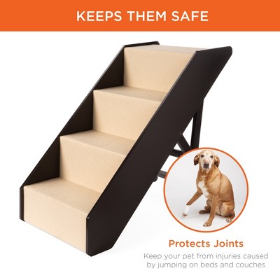 Adjustable Foldable 4-Step Black and Beige Wooden Pet Stairs