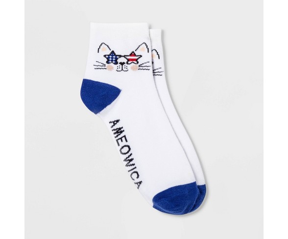Women's "Ameowica" Cat Ankle Socks - White One Size