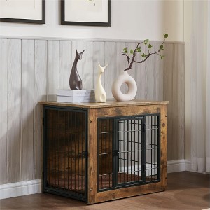 Rustic Brown Wooden Dog Kennel Furniture with Cushion, Heavy-Duty Double-Door Dog Crate for Dogs - 1 of 4