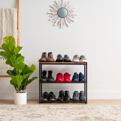 Brown and Black Stackable Wood and Metal Shoe Rack Bench