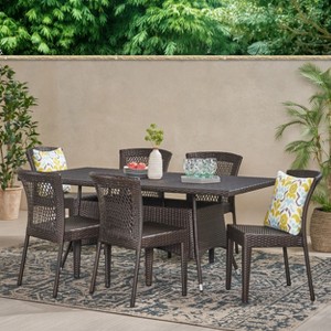 Christopher Knight Home Truda  7 Piece Patio Dining Set with 69" Rattan Table and Stackable Chairs - 1 of 4