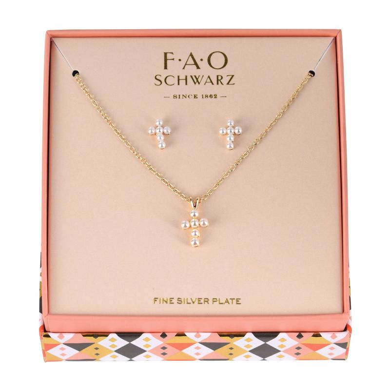 FAO Schwarz Gold Tone and Pearl Cross Pendant Necklace and Earring Set, 2 of 4